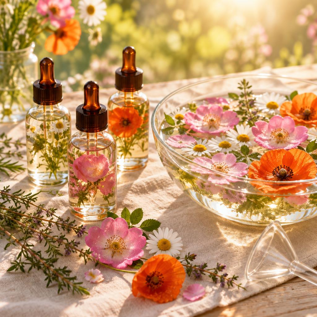 Frascos de vidro e flores silvestres em água de fonte